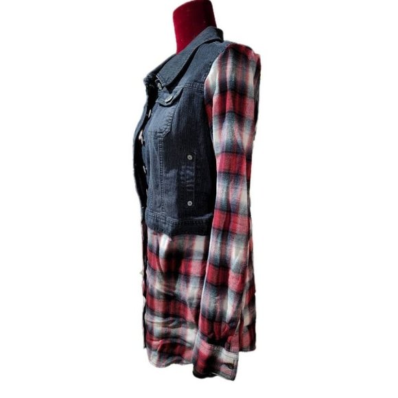 Upcycled Denim Jacket*Recycle Jean Jacket*Large*Upcycled Jean Plaid Flannel Jack - Picture 3 of 7
